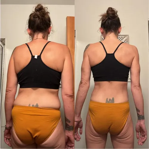 Client before and after: back view, toned waist in black sports bra