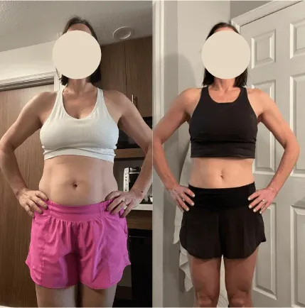 Client before and after: front view in pink shorts, flatter stomach