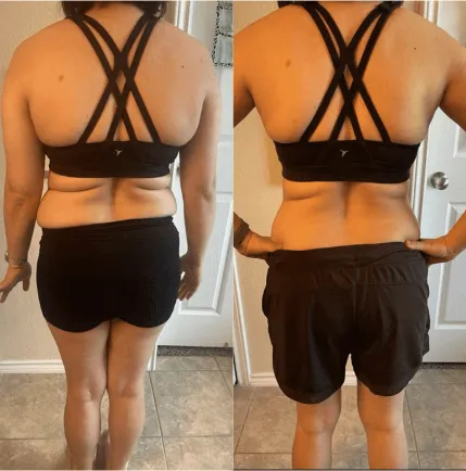 Client before and after: back view in crisscross sports bra
