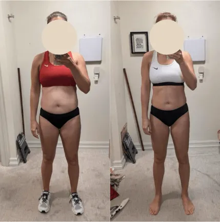 Client before and after: front view in red sports bra, visibly leaner