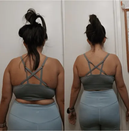 Client before and after: back view in grey leggings, toned back