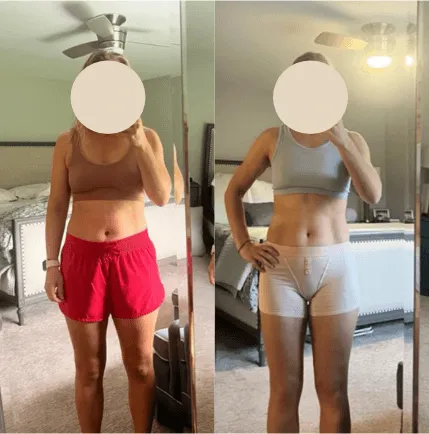 Client before and after: mirror selfie, slimmer figure in red shorts