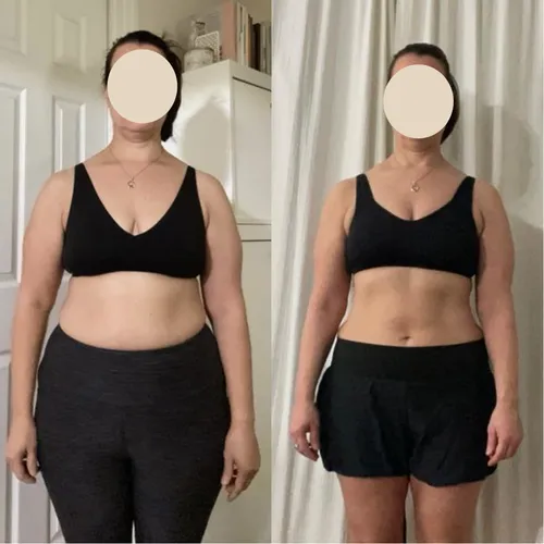 Client before and after: front view in black sportswear